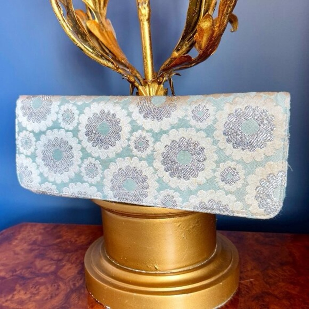 Kotur Jacquard Sky Blue and Silver Rectangular Evening Clutch Bag